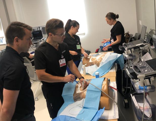 Medical residents practicing a procedure on a training mannequin in a simulation lab with ultrasound equipment.