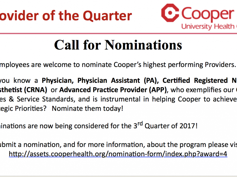 Call for Nominations-Provider of the Quarter Q3 2017