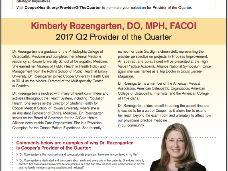Congratulations Dr. Kimberly Rozengarten-2017 Q2 Provider of the Quarter