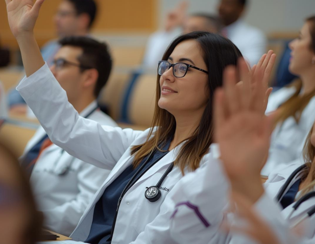 Physicians in white coats learning in a classroom setting with hands raised.